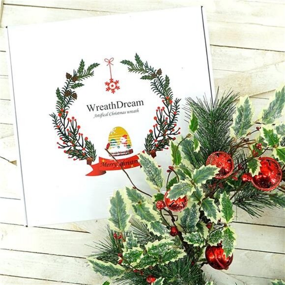 Christmas Winter Wreath with Artificial Holly Leaves and Red Bell - Picture 6 of 7